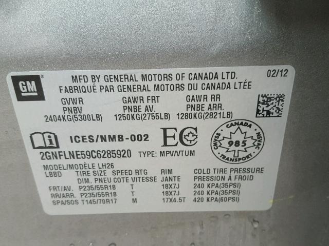 2GNFLNE59C6285920 - 2012 CHEVROLET EQUINOX LT GRAY photo 10