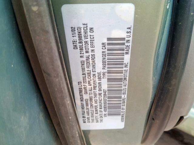 4S3BE635X37209407 - 2003 SUBARU LEGACY L GREEN photo 10