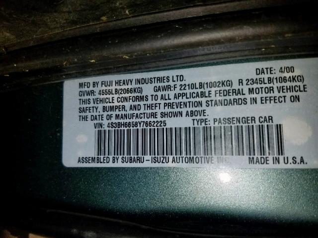 4S3BH6658Y7662225 - 2000 SUBARU LEGACY OUT GREEN photo 10