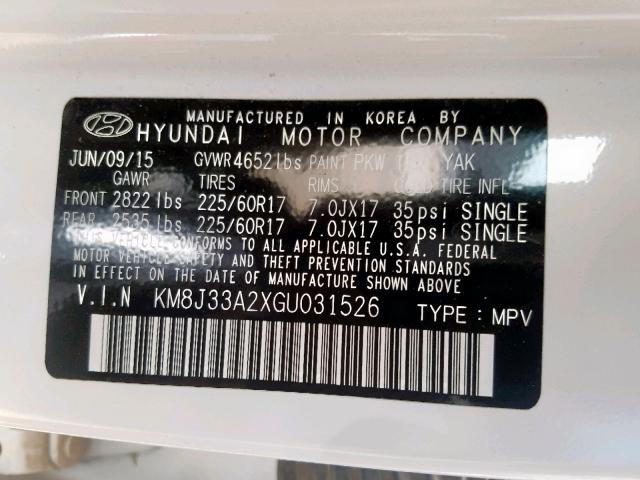 KM8J33A2XGU031526 - 2016 HYUNDAI TUCSON LIM WHITE photo 10