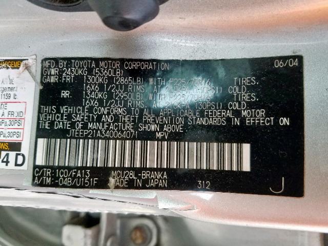 JTEEP21A340064071 - 2004 TOYOTA HIGHLANDER SILVER photo 10