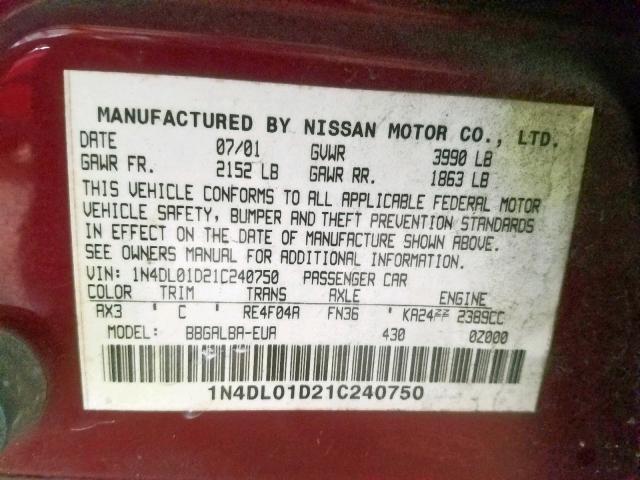 1N4DL01D21C240750 - 2001 NISSAN ALTIMA XE MAROON photo 10