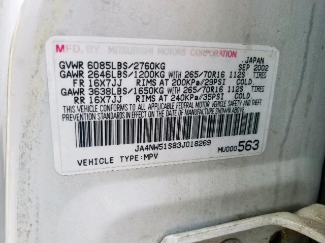 JA4NW51S83J018269 - 2003 MITSUBISHI MONTERO LI WHITE photo 10