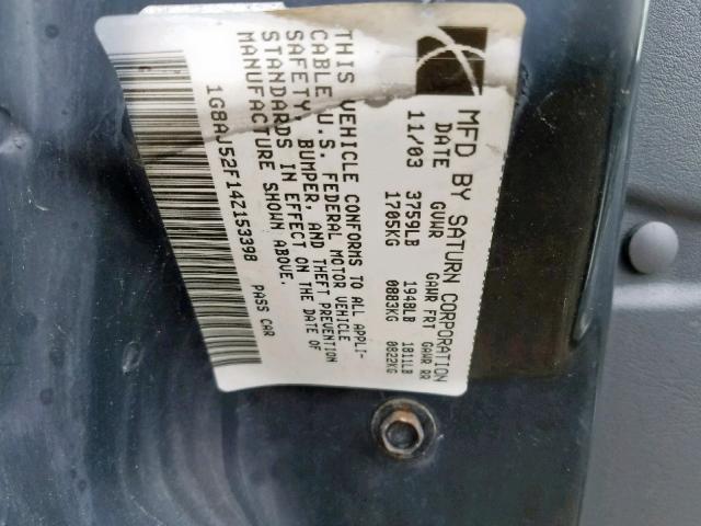 1G8AJ52F14Z153398 - 2004 SATURN ION LEVEL SILVER photo 10