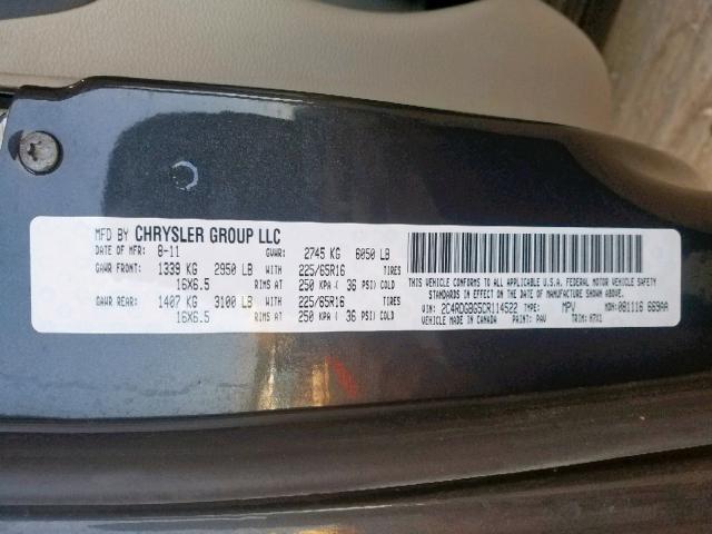 2C4RDGBG5CR114522 - 2012 DODGE GRAND CARA GRAY photo 10