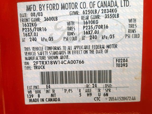 2FTRX18W14CA00766 - 2004 FORD F-150 HERI RED photo 10