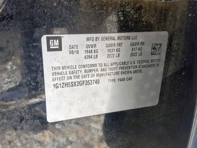 1G1ZH5SX2GF353749 - 2016 CHEVROLET MALIBU PRE BLACK photo 10