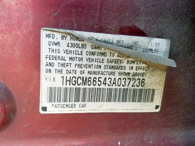 1HGCM66543A037236 - 2003 HONDA ACCORD EX RED photo 10