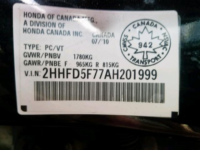 2HHFD5F77AH201999 - 2010 ACURA CSX TECHNO BLACK photo 10