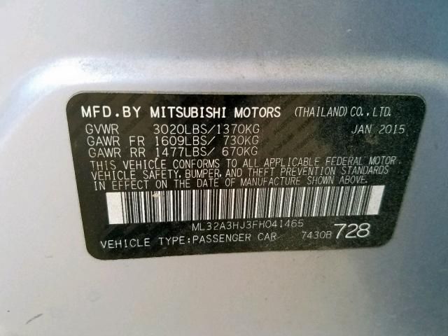 ML32A3HJ3FH041465 - 2015 MITSUBISHI MIRAGE DE SILVER photo 10