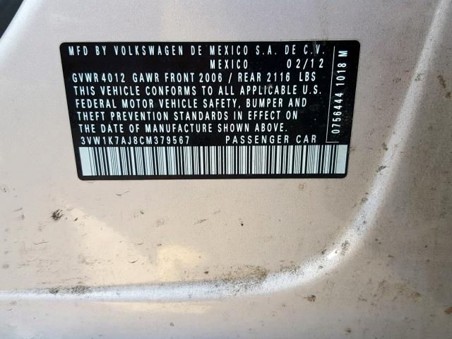 3VW1K7AJ8CM379567 - 2012 VOLKSWAGEN JETTA BASE SILVER photo 10
