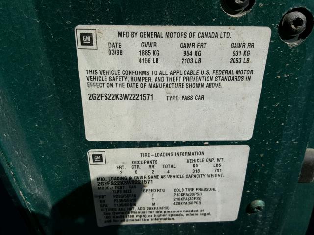 2G2FS22K3W2221571 - 1998 PONTIAC FIREBIRD GREEN photo 10