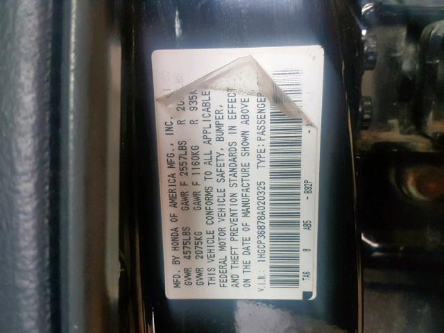 1HGCP36878A020325 - 2008 HONDA ACCORD EXL BLACK photo 10