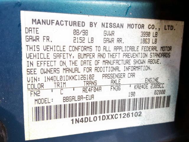 1N4DL01DXXC126102 - 1999 NISSAN ALTIMA XE TEAL photo 10