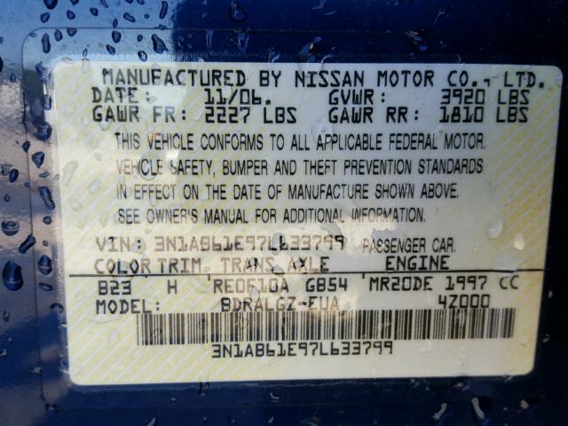 3N1AB61E97L633799 - 2007 NISSAN SENTRA 2.0 BLUE photo 10