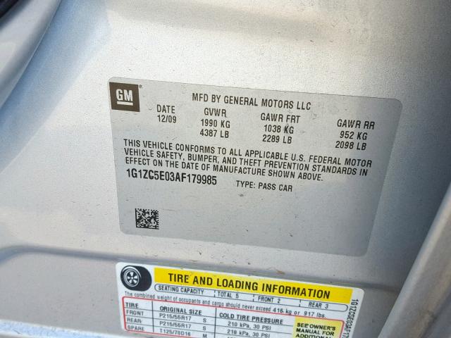 1G1ZC5E03AF179985 - 2010 CHEVROLET MALIBU 1LT 银色 照片 10