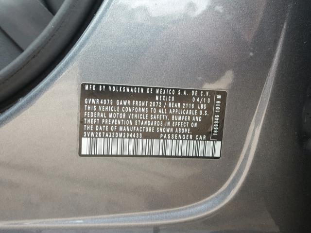 3VW2K7AJ3DM294433 - 2013 VOLKSWAGEN JETTA BASE Մոխրագույն լուսանկար 10