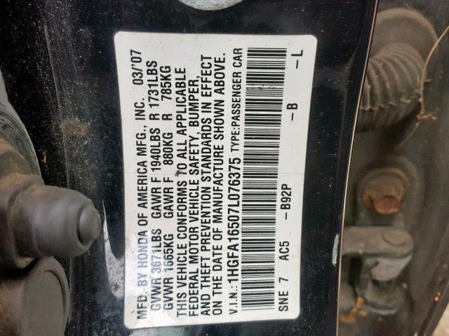 1HGFA16507L076375 - 2007 HONDA CIVIC LX BLACK photo 10