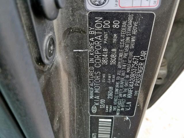 KNAFU4A20B5375671 - 2011 KIA FORTE EX GRAY photo 10