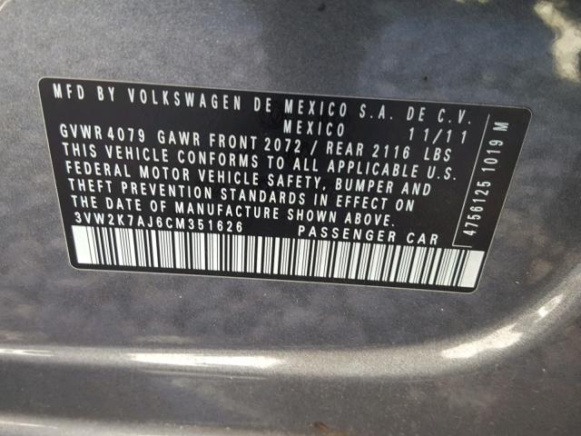 3VW2K7AJ6CM351626 - 2012 VOLKSWAGEN JETTA BASE 灰色 照片 10