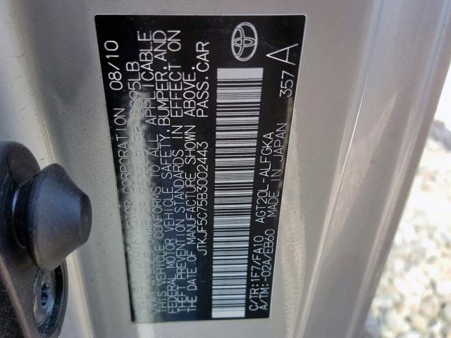 JTKJF5C75B3002443 - 2011 TOYOTA SCION TC ვერცხლისფერი ფოტო 10