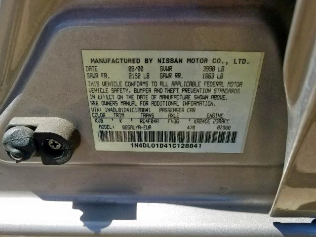 1N4DL01D41C128841 - 2001 NISSAN ALTIMA XE TAN photo 10