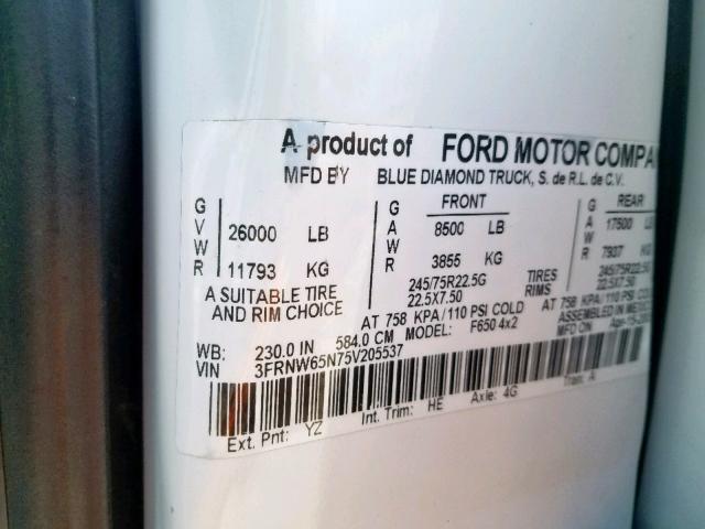 3FRNW65N75V205537 - 2005 FORD F650 SUPER WHITE photo 10