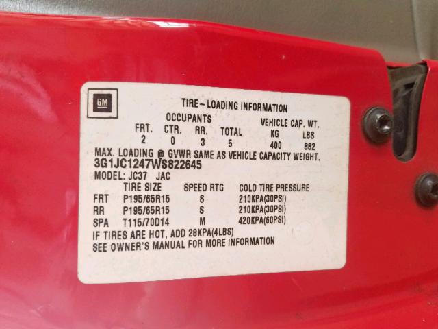 3G1JC1247WS822645 - 1998 CHEVROLET CAVALIER B RED photo 10