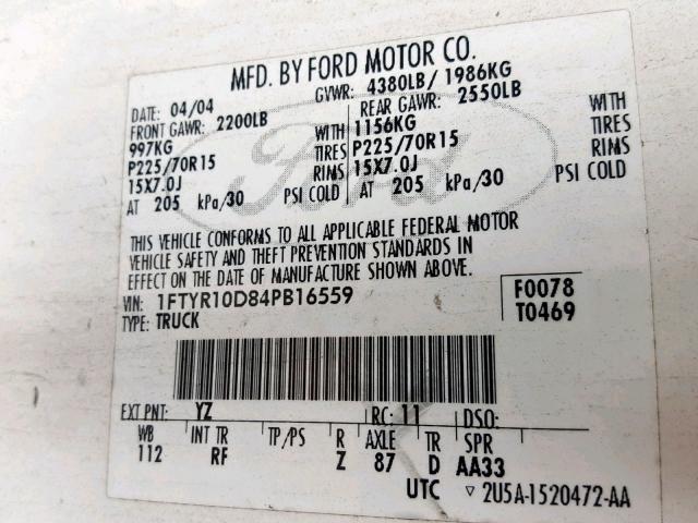 1FTYR10D84PB16559 - 2004 FORD RANGER WHITE photo 10