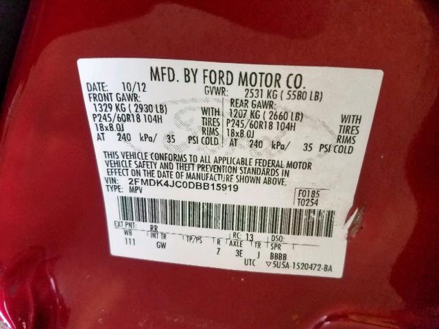 2FMDK4JC0DBB15919 - 2013 FORD EDGE SEL RED photo 10