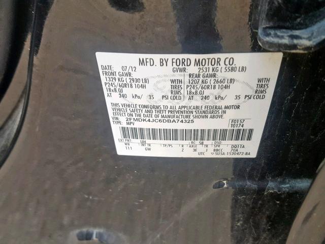 2FMDK4JC6DBA74325 - 2013 FORD EDGE SEL BLACK photo 10