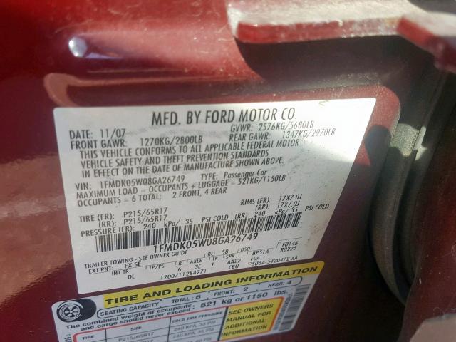 1FMDK05W08GA26749 - 2008 FORD TAURUS X S MAROON photo 10