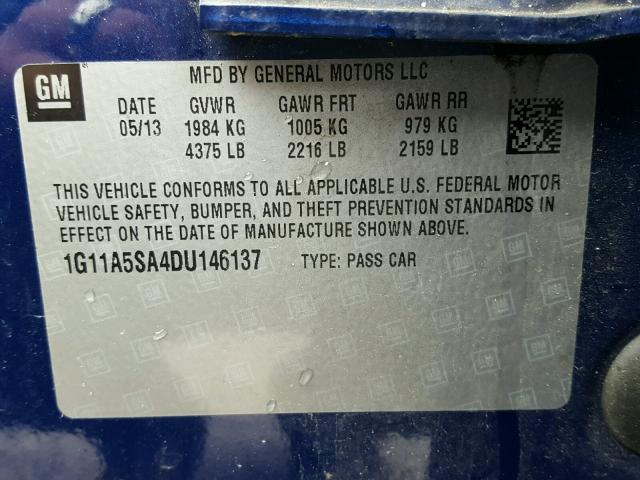 1G11A5SA4DU146137 - 2013 CHEVROLET MALIBU LS 蓝色 照片 10