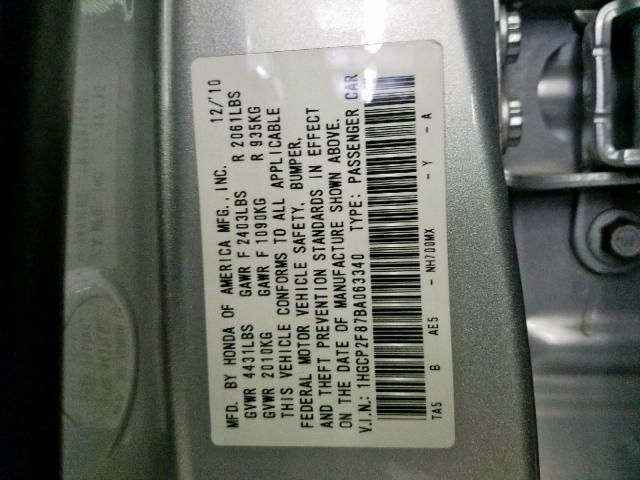 1HGCP2F87BA063340 - 2011 HONDA ACCORD EXL SILVER photo 10