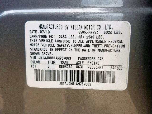 JN1AJ0HR1AM757863 - 2010 INFINITI EX35 BASE SILVER photo 10