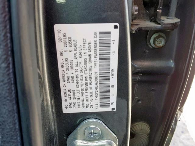 1HGCP2F85AA088669 - 2010 HONDA ACCORD EXL GRAY photo 10