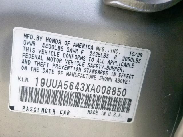 19UUA5643XA008850 - 1999 ACURA 3.2TL GRAY photo 10