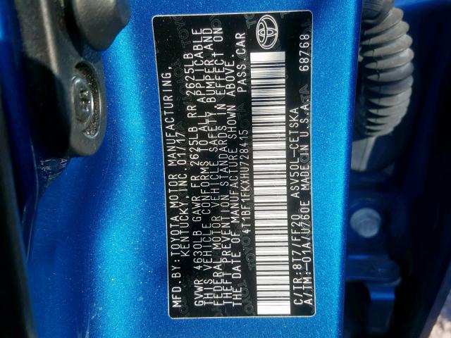 4T1BF1FKXHU728415 - 2017 TOYOTA CAMRY LE BLUE photo 10