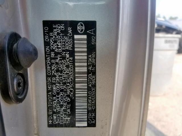 JTKJF5C72B3003114 - 2011 TOYOTA SCION TC ვერცხლისფერი ფოტო 10