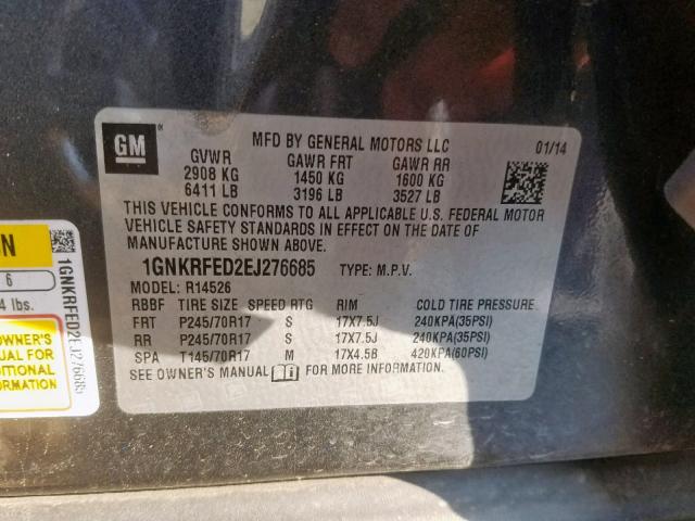 1GNKRFED2EJ276685 - 2014 CHEVROLET TRAVERSE L GRAY photo 10