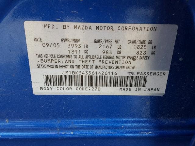 JM1BK343561426116 - 2006 MAZDA 3 HATCHBAC BLUE photo 10