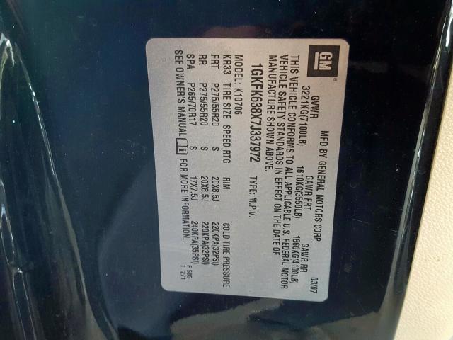 1GKFK638X7J337972 - 2007 GMC YUKON DENA BLACK photo 10