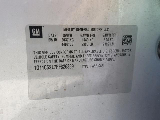 1G11C5SL7FF326389 - 2015 CHEVROLET MALIBU 1LT 银色 照片 10