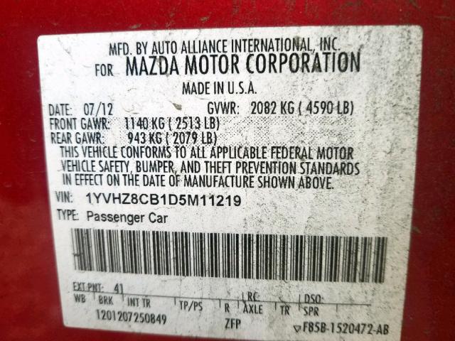 1YVHZ8CB1D5M11219 - 2013 MAZDA 6 GRAND TO RED photo 10