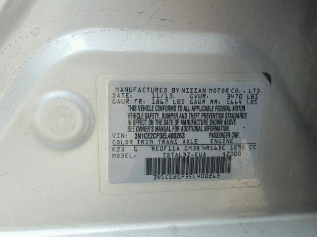 3N1CE2CP3EL400263 - 2014 NISSAN VERSA NOTE SILVER photo 10