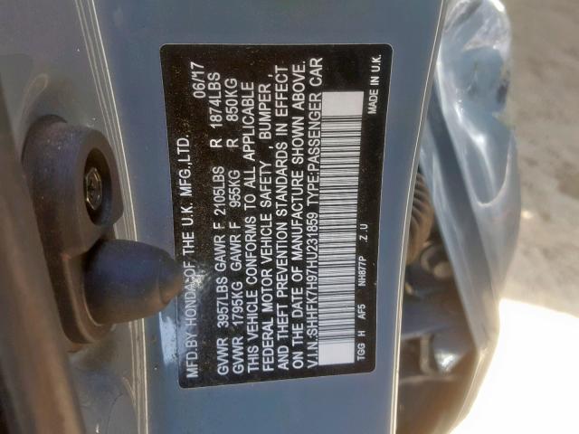 SHHFK7H97HU231859 - 2017 HONDA CIVIC SPOR GRAY photo 10