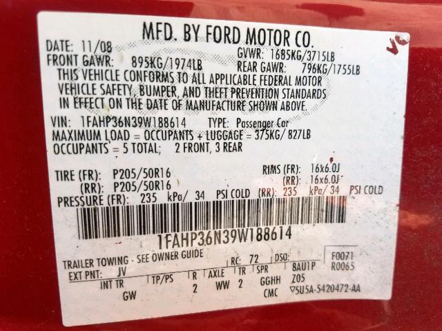 1FAHP36N39W188614 - 2009 FORD FOCUS SES RED photo 10