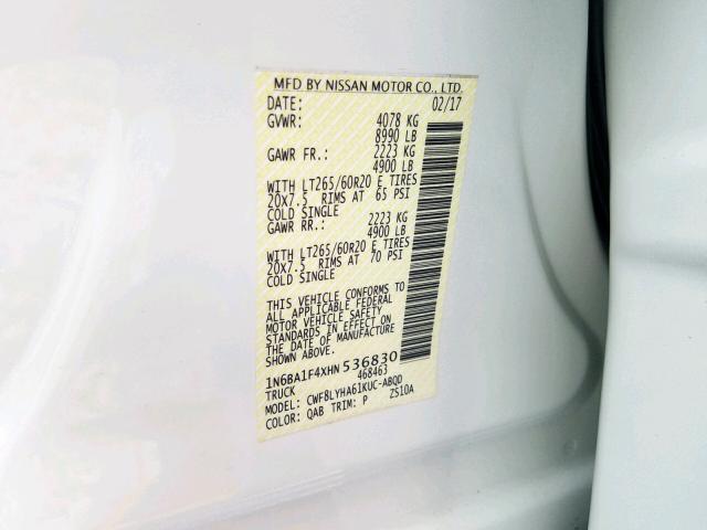 1N6BA1F4XHN536830 - 2017 NISSAN TITAN XD S WHITE photo 10