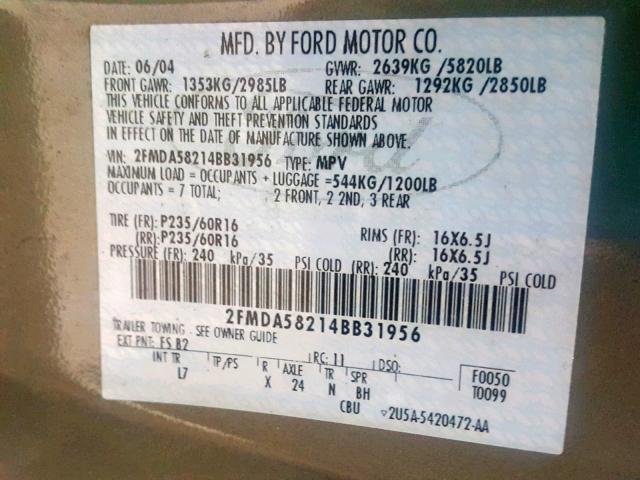 2FMDA58214BB31956 - 2004 FORD FREESTAR L GRAY photo 10