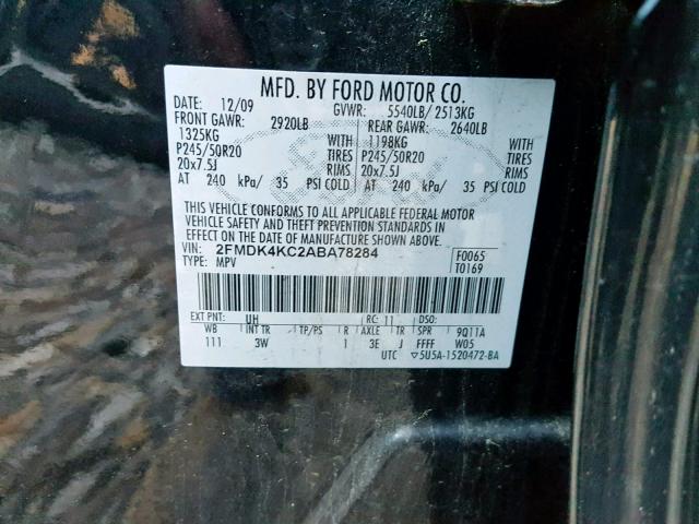 2FMDK4KC2ABA78284 - 2010 FORD EDGE LIMIT BLACK photo 10